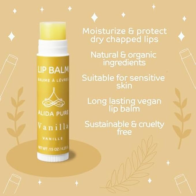 ALIDA PURE VANILLA LIP BALM COLLECTION, VEGAN LIP BALM SET, BEESWAX FREE, WITH AVOCADO OIL, ORGANIC JOJOBA OIL, AND VITAMIN E, NATURAL MOISTURIZER FOR DRY, CHAPPED LIPS, 3 TUBE SET - Image 2